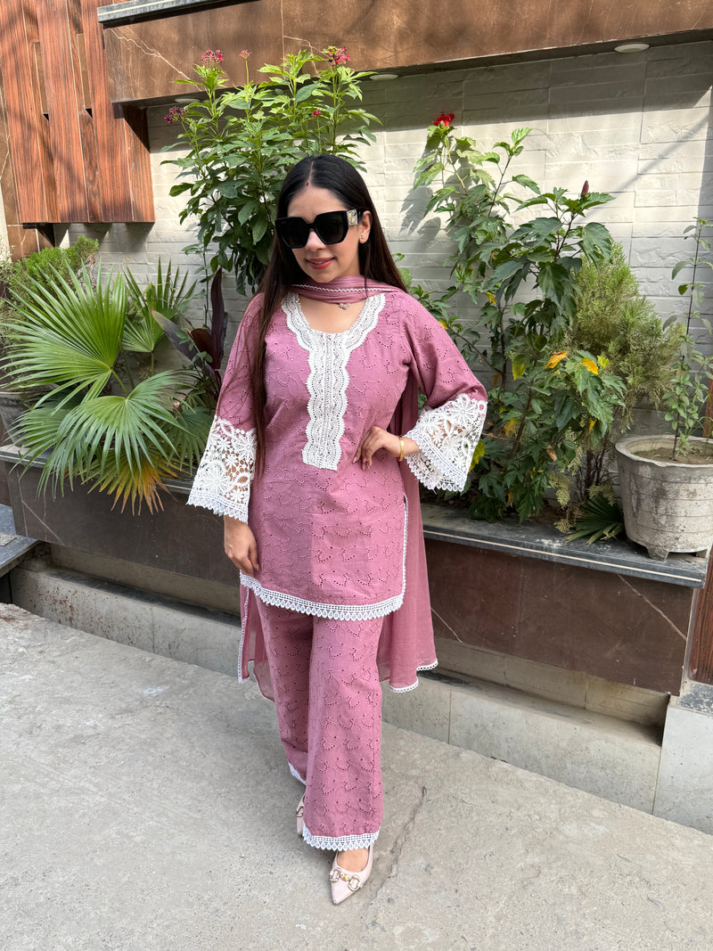 Mauve schiffli cotton suit