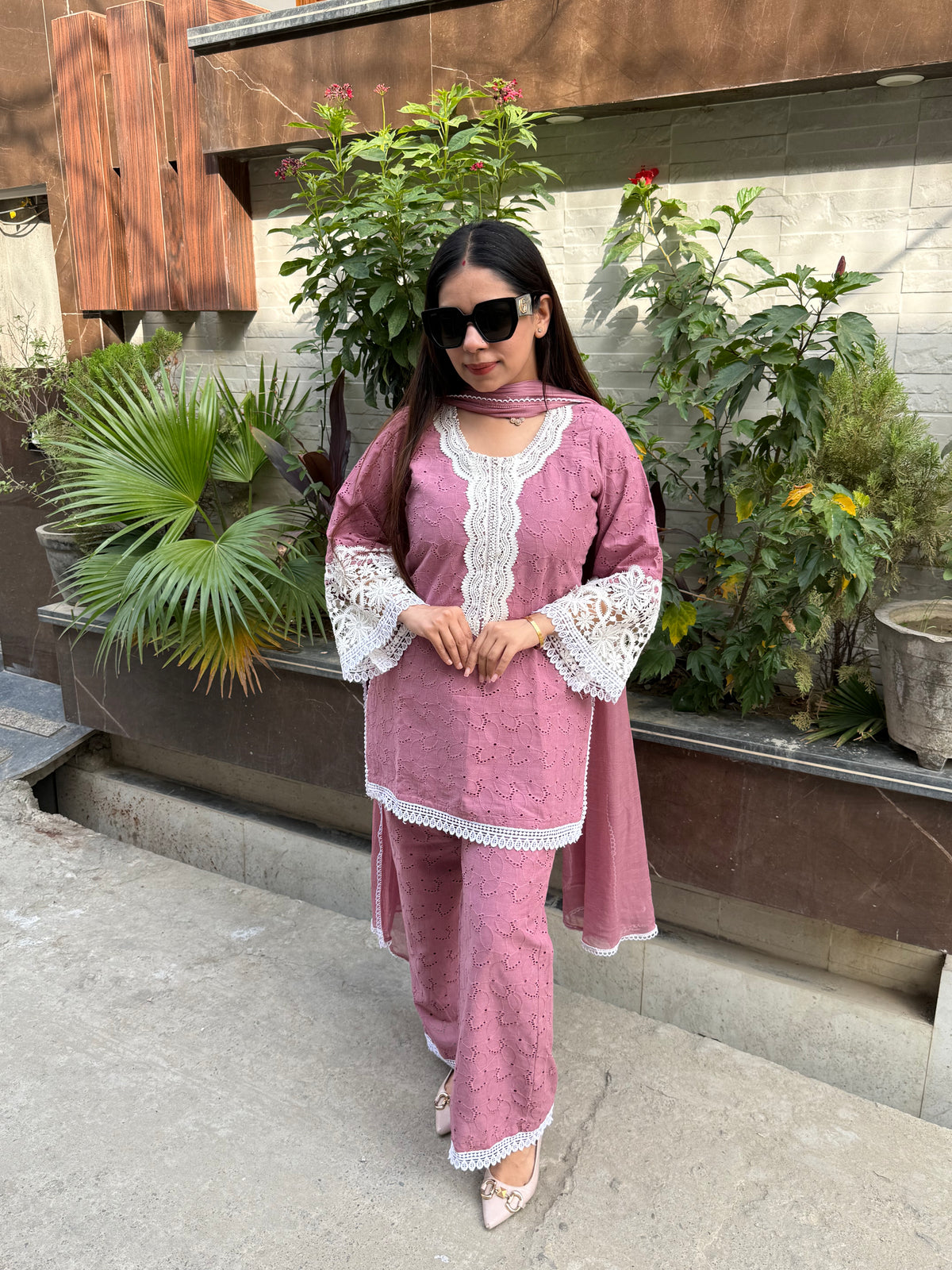 Mauve schiffli cotton suit