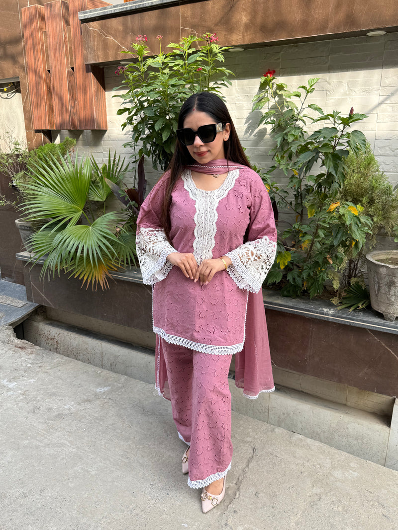 Mauve schiffli cotton suit